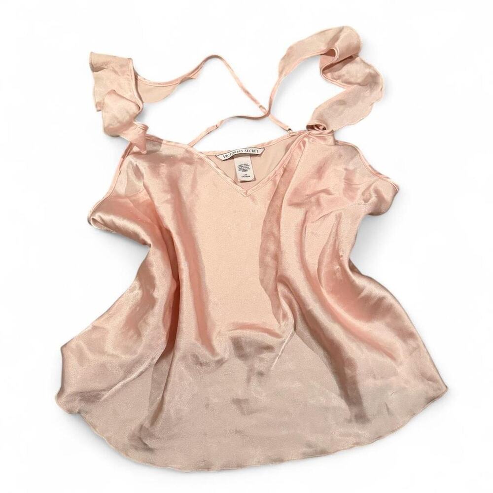 2000s Victorias Secret Y2K Blush Satin Ruffle Strap Coquette Cami Tank Top Sz L